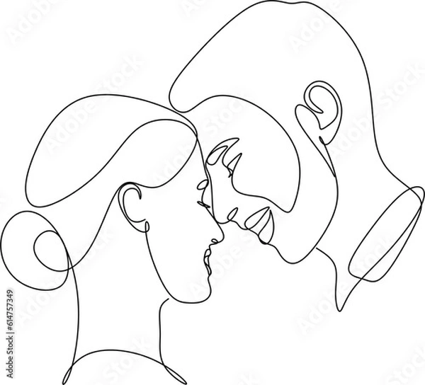 Fototapeta The silhouette of kissing couple faces drawn in one continuous line. Vector illustration
