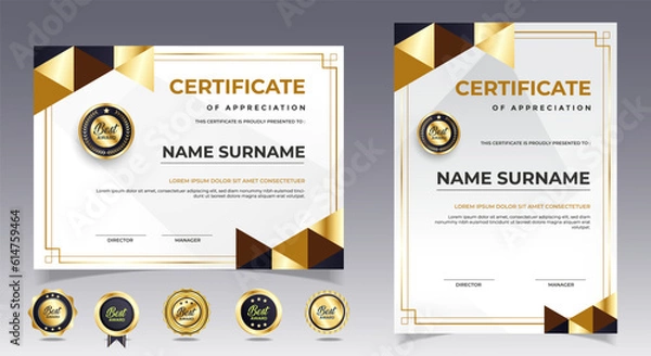 Fototapeta Black and gold certificate of appreciation border template with luxury badge and modern line and shapes. For award, business, and education needs. Diploma vector template