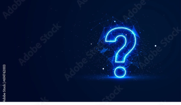 Fototapeta Futuristic glowing question mark with plexus lines and glitter particles. A question mark in the neon light style. 3D abstract copy space in the night view. Digital technology background