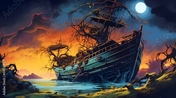 Fototapeta Surreal painting of an old boat abandoned in a swamp. Forgotten in the Wilderness. Generative AI.