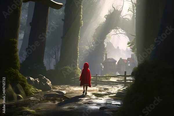 Fototapeta Ai generated Illustration of little red riding hood in the forest with basket in her hands and on white background