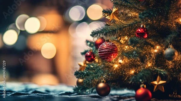 Fototapeta A christmas tree with a star and red ornaments
