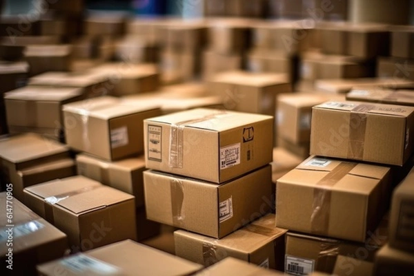 Obraz Close - up view of cardboard boxes neatly stacked, waiting to be moved into a new home. Generative AI
