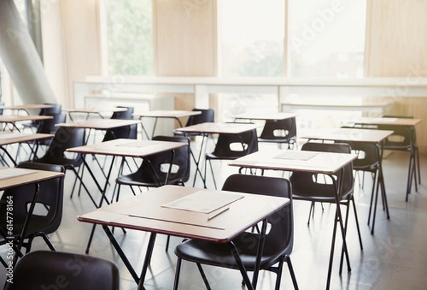 Fototapeta Tests on desks in empty classroom