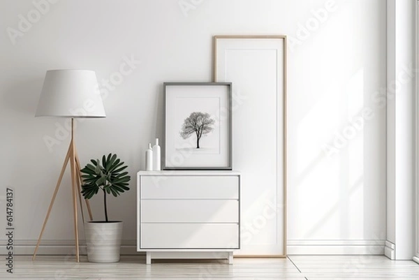 Fototapeta There is a white cabinet in a room with white walls. A light and two framed photos are also present. a mockup. Generative AI