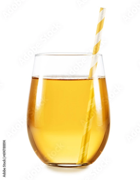 Fototapeta Studio shot of apple juice or lemon tea in a glass with paper drinking  straw isolated on white background.