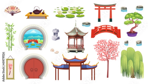 Fototapeta Japoński zestaw japońskiej kamiennej latarni, Sakura, Bonsai, okrągłe otwarte drzwi, most ogrodowy, lilie wodne, wentylator