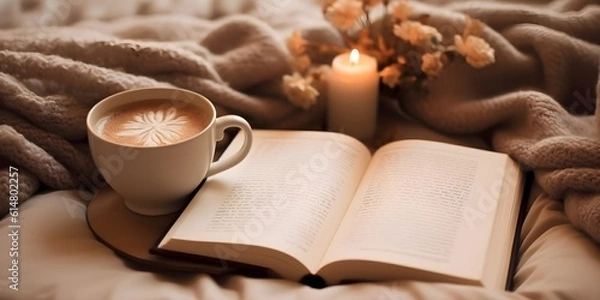 Fototapeta "Cozy Moments: A Book, Brew, and Bites" | Background Design | AI Generated Artwork