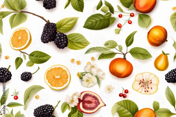 Fototapeta repeat pattern tilable background of mixed fruit, seamless mixed fruits background with blossom and leaf foliage