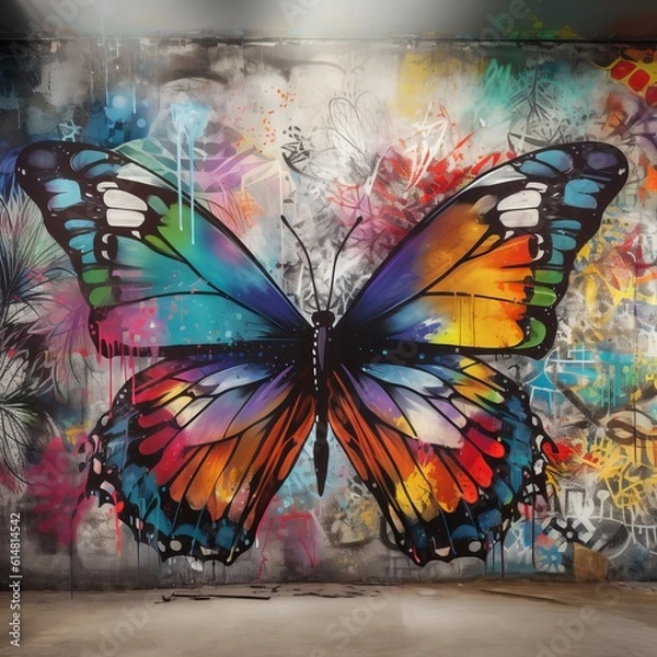 Fototapeta Vivid Graffiti Butterfly Wings - Urban Art Backdrop created with generative ai technology