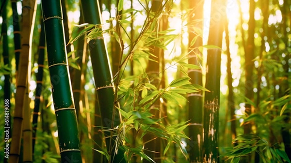 Fototapeta A serene bamboo forest stretches endlessly with beauty sunlight. Generative AI