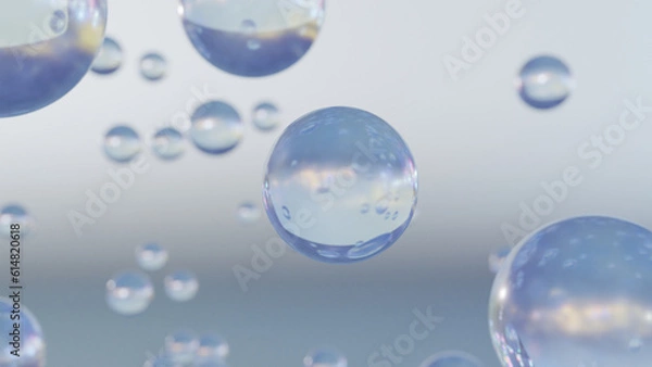 Fototapeta Bubbles of blue serum on a blurry background. Design of collagen bubbles. Essentials of Moisturizing and Serum Concept. Concept of vitamins for beauty and health. 3D rendering