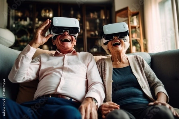 Obraz Senior mature couple having fun together with virtual reality headset on sofa in the living room.Generated with AI.