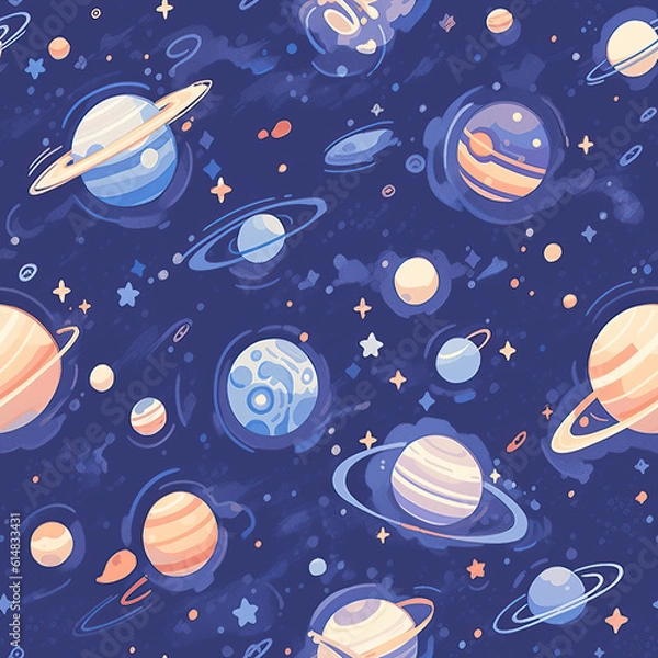 Fototapeta Planets in space cosmic cute cartoon seamless repeat pattern
