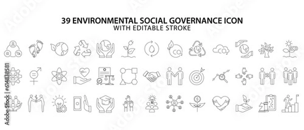 Fototapeta Environment social governance icon. ESG icon set. Line icon about esg. Set of 39 line icon about environment social governance. vector Illustration. Editable stroke.