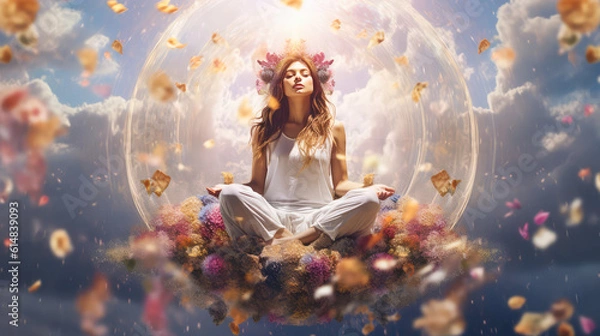 Obraz Kobieta medytacyjna z kolorową energią przyrody pojawiającą się w jej umyśle. Generatywny AI,
