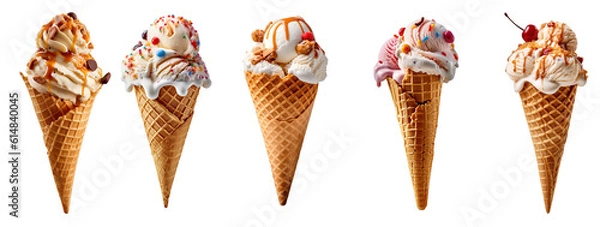 Fototapeta Set of Ice cream cones with different flavors, isolated on transparent