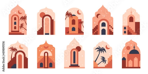 Fototapeta Oriental muslim windows. Islamic frames with mosque, palm trees and arabian night views flat vector illustration set. Islamic window design