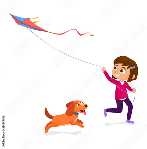 Fototapeta Cute little girl holding a kite in the air and running isolated on white background. Happy kid character with a dog playing outdoors in summer. Cartoon vector illustration.