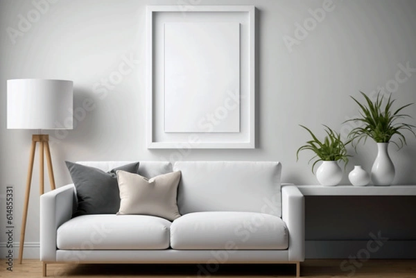 Fototapeta blank frame with luxury sofa and lamp and decoration, pillows, plant, vase using Generative Ai technologie