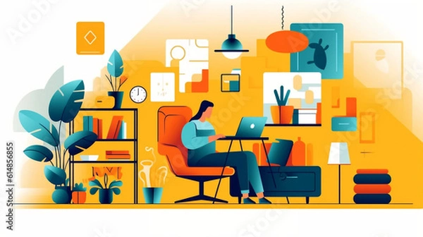 Fototapeta illustration of a person working remotely on a laptop in their home office
