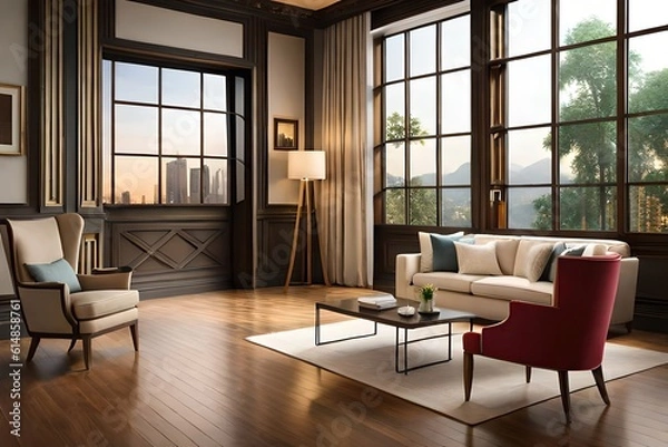 Fototapeta luxury interior room with sofa and armchair, table, windows and light lamp, wood floor, natural view with trees, a template for designer using Generative Ai technologie