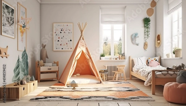 Fototapeta A cozy, modern bedroom with comfortable bedding and cute toys generated by AI