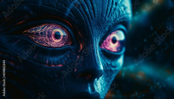 Fototapeta A spooky cyborg alien looks at camera in futuristic horror generated by AI