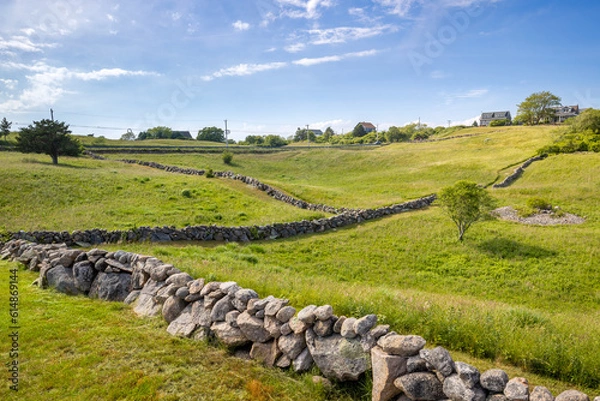 Obraz A landscape of stone walls zig zags across fields and meadows on the rolling hills of Block Island, Rhode Island, USA