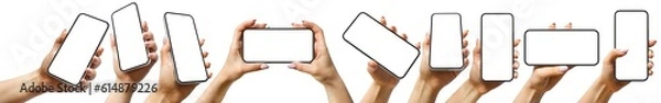 Obraz A set including a woman hand holding a generic modern smartphone with a blank screen in various positions, comprising perspective, vertical, and horizontal versions