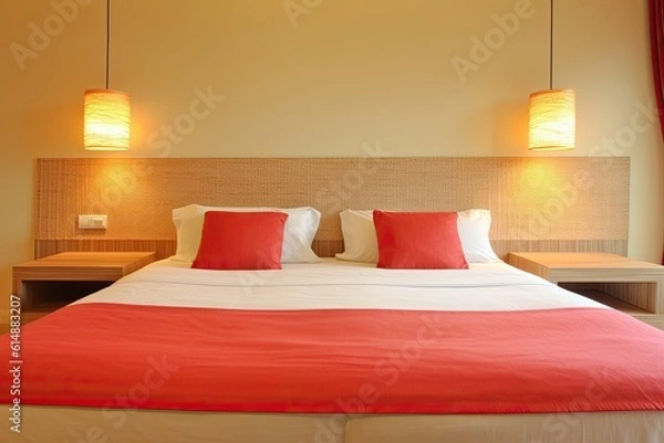 Obraz cozy bed with a red and white bedding set