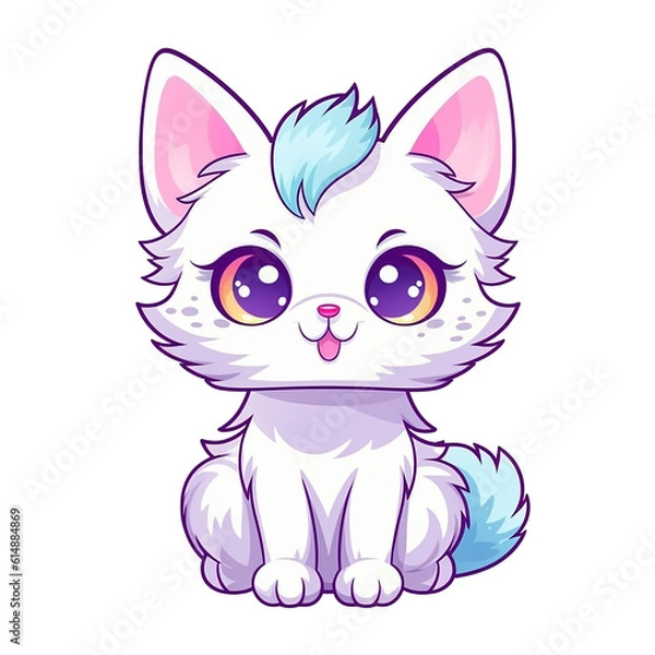 Fototapeta A cartoon cat with big eyes and a fluffy tail, Sticker, Playful, Pastel, Kawaii, Contour, Vector, White Background, Detailed
