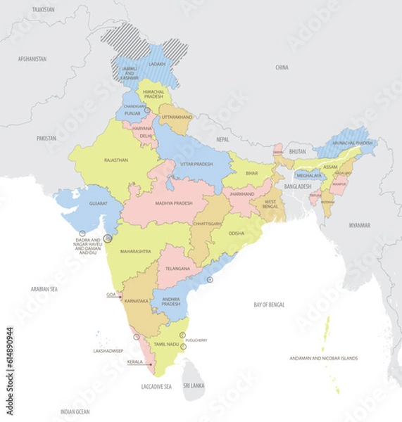 Fototapeta Detailed map of India with administrative divisions and borders of neighboring countries, vector illustration on white background