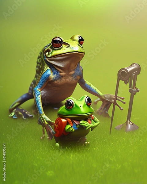 Fototapeta Unrealistic mother frog with son. Generative AI illustration