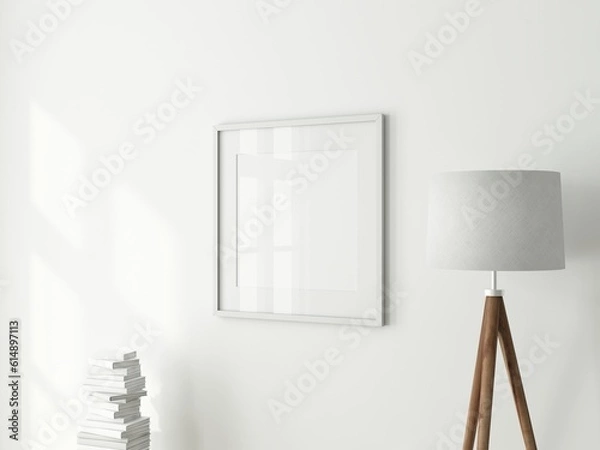 Fototapeta Square Art Frame Mockup with passepartout on white wall with lamp, 3d rendering