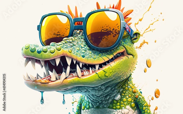 Obraz Kolorowy krokodyl z kreskówek, aligator z okularami przeciwsłonecznymi na białym tle. Stworzone z generatywną sztuczną inteligencją