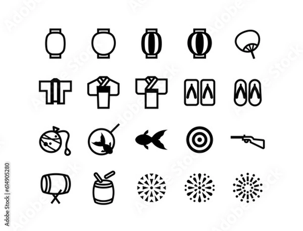 Obraz 日本の夏祭りのアイテムのベクターアイコンセット