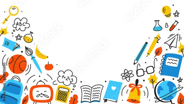Fototapeta Background for school, school theme, school doodles, inscription in a notebook, training, lessons, time for training, Set of school tools, set of education icons, back to school