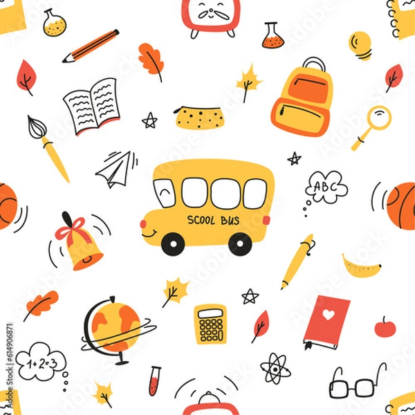 Fototapeta Seamless pattern on school theme, set of school tools, set of education icons, back to school, stationery for schoolboy, student, student notebooks, back to school,colored pencil,back to school doodle