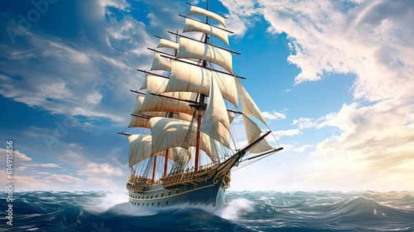 Fototapeta Ship of the Line sailing at full sail on the  open sea - Generative AI