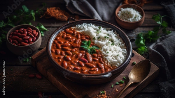 Fototapeta Rajma masala Red Kidney beans curry served with Basmati rice close-up on a wooden tray on the table. Vertical top view from above. Generative AI