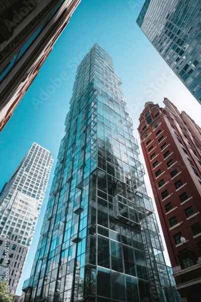 Fototapeta bottom view. skyscrapers of a big city. office buildings and architecture. windows,glass. generative ai, ai, generative