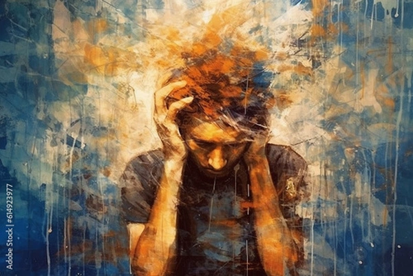 Fototapeta abstract pic of male suffering from low self esteem, anxiety, anger issues, inner critical voices and negativity from insecure thoughts made with generative ai