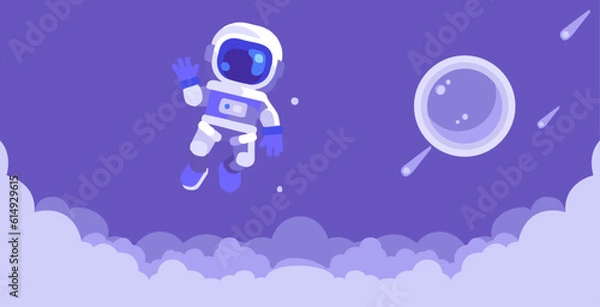 Fototapeta Astronaut floating waving in space. Flat Cartoon Style Suitable for Landing Web Pages, Banners, Flyers