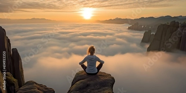 Fototapeta Tourist woman exercising, doing yoga Calm and mountain yoga practice In front is a sea of mist, meditation.