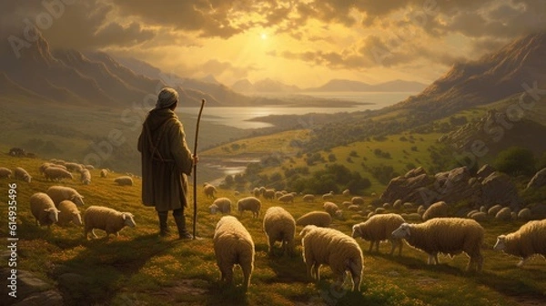 Fototapeta a shepherd guiding his flock of sheep generative ai