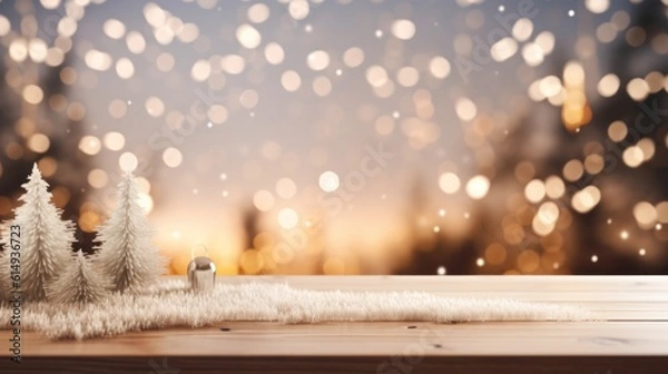 Fototapeta Empty wooden table top with Christmas tree string light blur background with snow, Holiday backdrop, Mock up banner for display of advertise product.