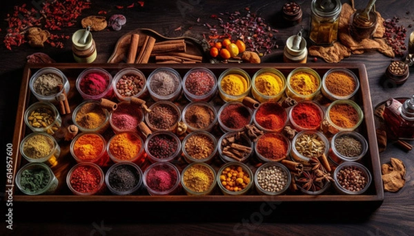 Obraz A multi colored spice collection paprika, turmeric, anise, clove, cumin generated by AI
