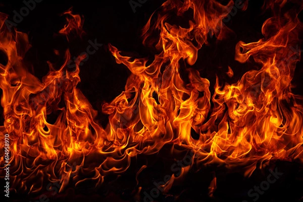 Obraz Fire blaze flames on black background. Fire burn flame isolated, abstract texture. Flaming explosion with burning effect. Fire wallpaper, abstract art pattern.