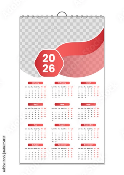 Obraz Wall Calendar 2026, Wall calendar design template for 2026, minimalist, clean, and elegant design Calendar for 2026,wall calendar template design